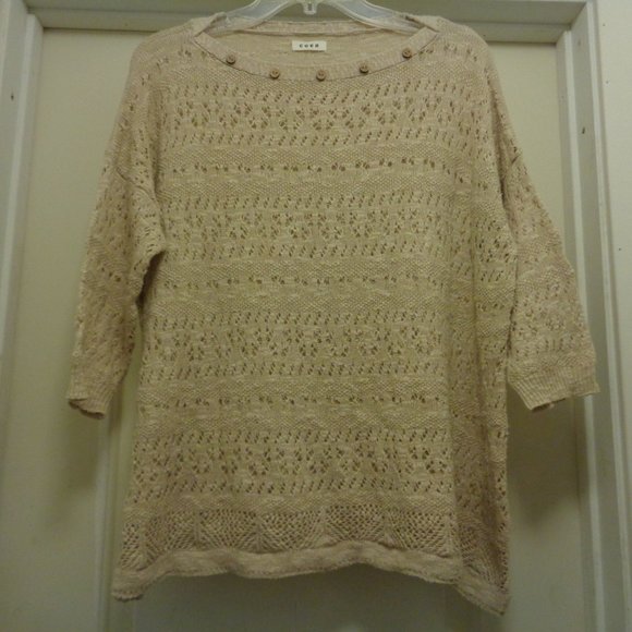 GREEK VACATION STY BEIGE MACHINE OPEN CROCHET DESIGNS W TINY BUTTONS ON NECK B… - Picture 7 of 7